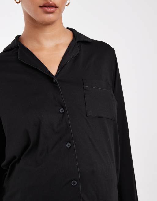 Loungeable Maternity super soft jersey camp collar top and wide leg pants pajama set in black, 4 of 4