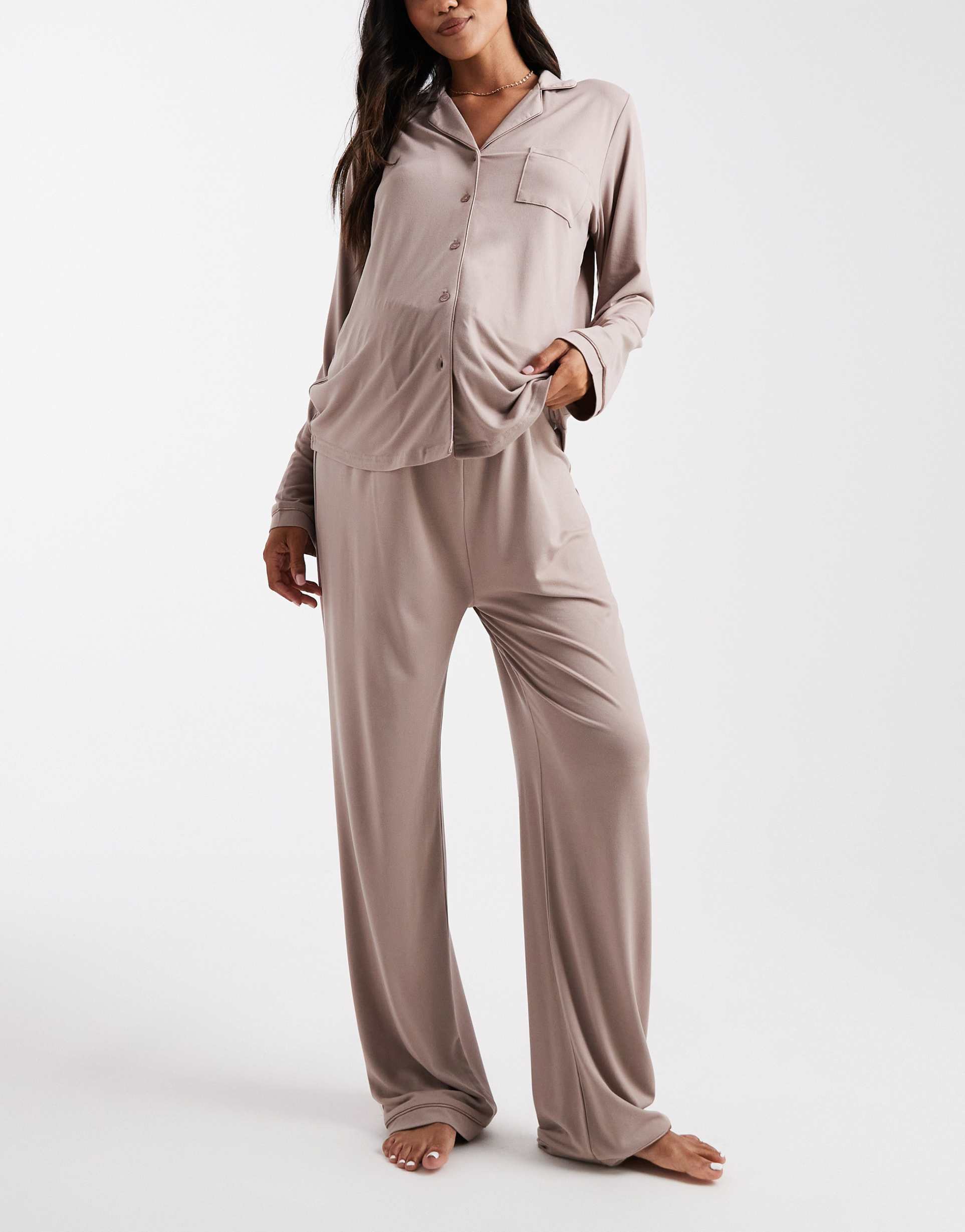 loungeable maternity super soft jersey camp collar top and wide leg pants pajama set with piping details in mink