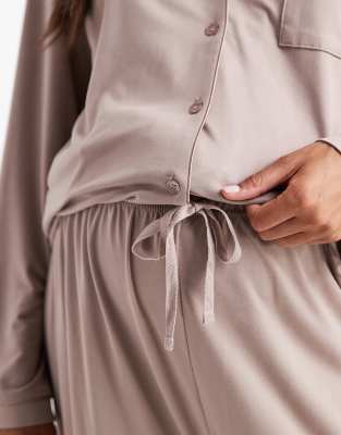 Loungeable Maternity Super Soft Jersey Camp Collar Top And Wide Leg Pants Pajama Set With Piping Details In Neutral