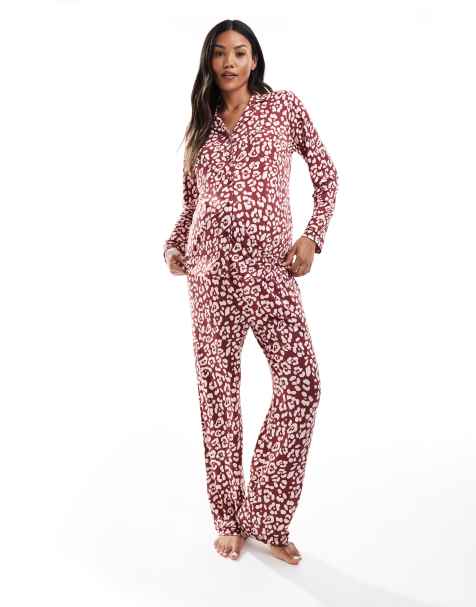 Loungeable Maternity super soft jersey revere pyjama set with piping detail in red leopard print - view 1