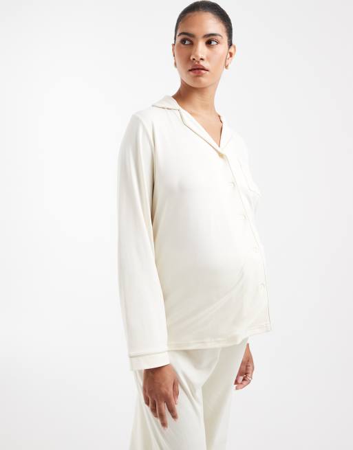 Loungeable Maternity super soft jersey revere top and wide leg pyjama set in marshmallow, 3 of 4