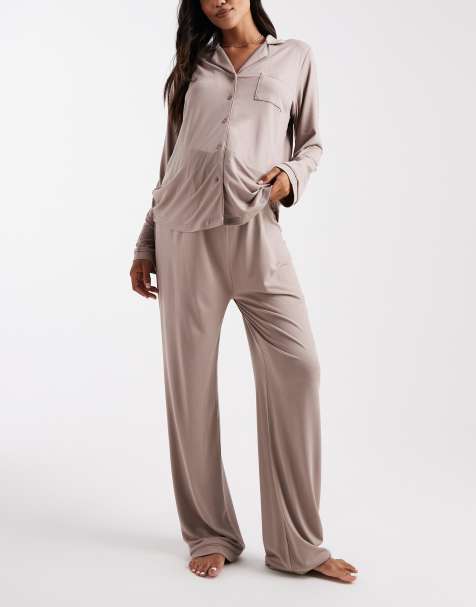 Loungeable Maternity super soft jersey revere top and wide leg pyjama set with piping detail in mink - view 1