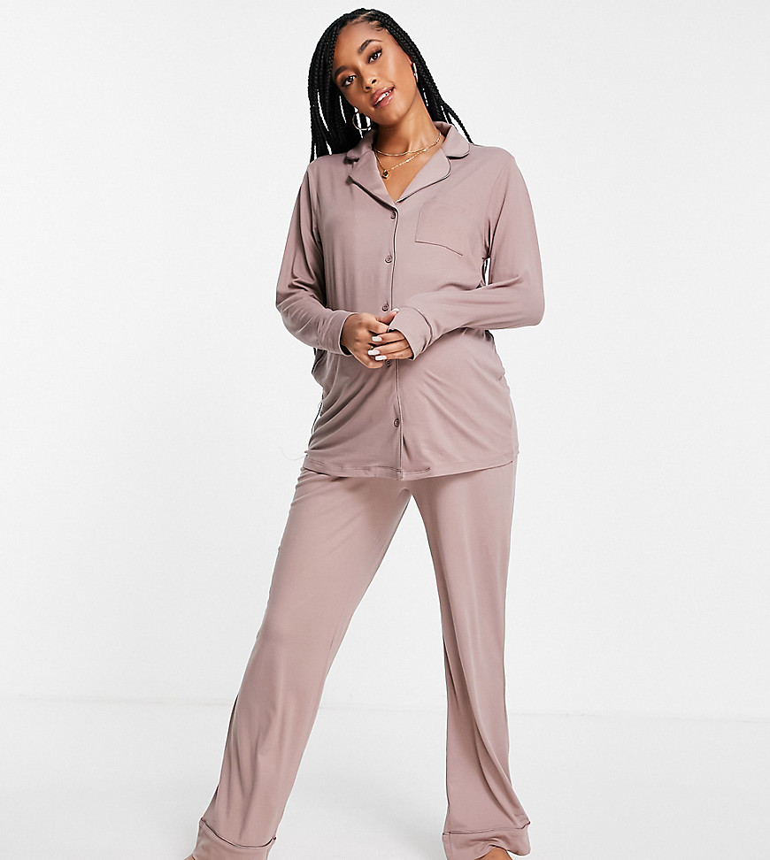 Loungeable Maternity supersoft long pajama set with satin piping in mink-Brown