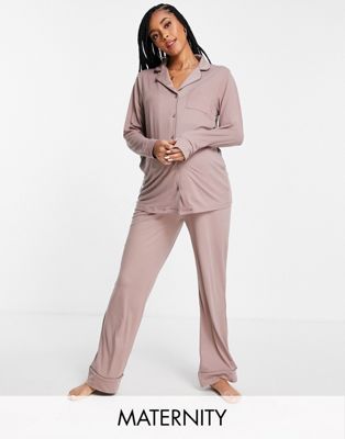 Loungeable Maternity supersoft long pyjama set with satin piping in mink