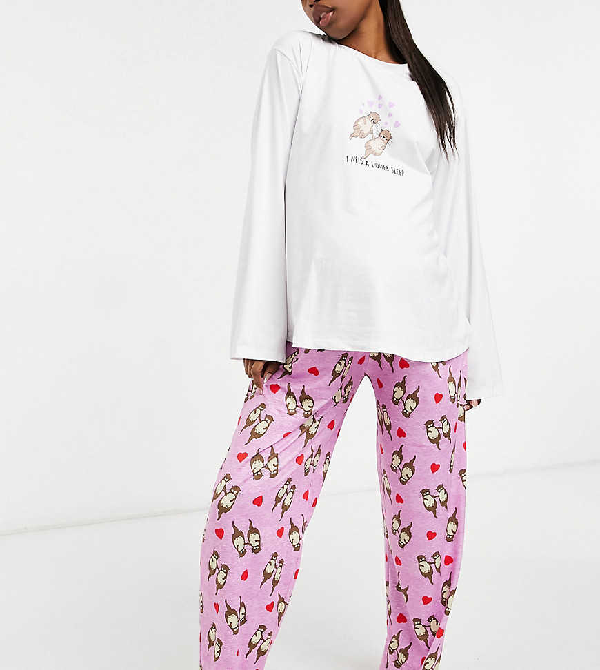 Loungeable Maternity Valentine otter print long sleeve T-shirt and pants pajama set in gray-Grey