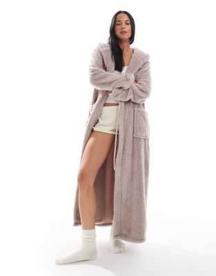 Loungeable - Maxi-Bademantel aus kuscheligem Teddystoff in Nerzbeige mit Kapuze-Neutral