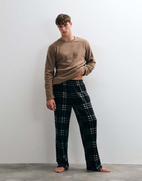 Loungeable Men's fleece check pants pajama set in mocha check - view 1