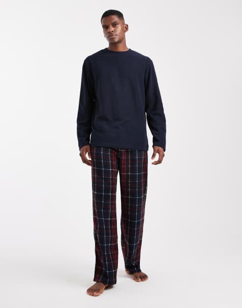 Loungeable Mens fleece check trouser pyjama set in navy - view 1