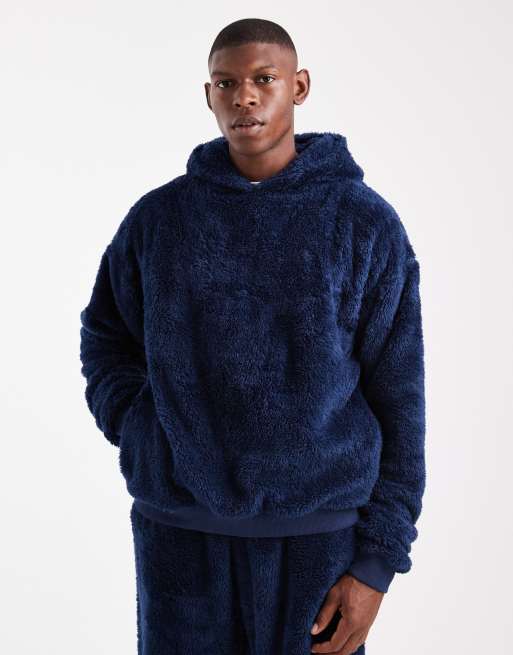 Loungeable Mens loungewear sherpa hooded lounge top in nvy