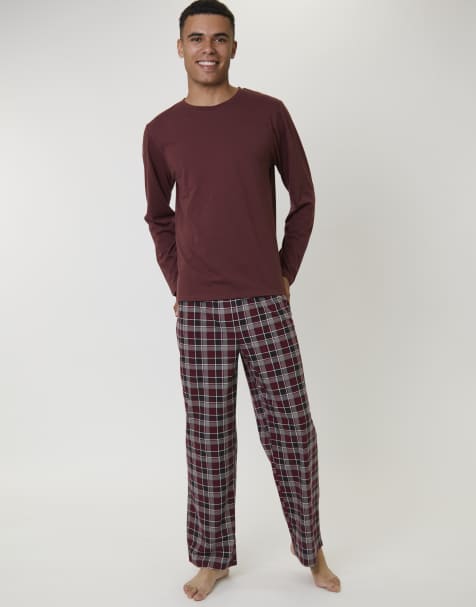 Loungeable Men's pyjamas jersey top with micro fleece check trousers set in red - view 1