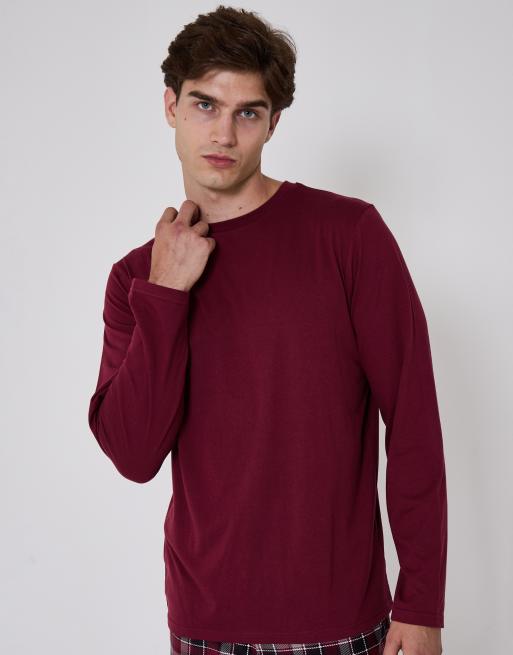 Loungeable Men's pyjamas jersey top with micro fleece check trousers set in red, 2 of 6