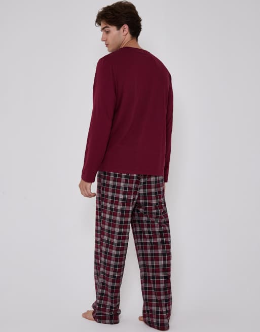 Loungeable Men's pyjamas jersey top with micro fleece check trousers set in red, 4 of 6