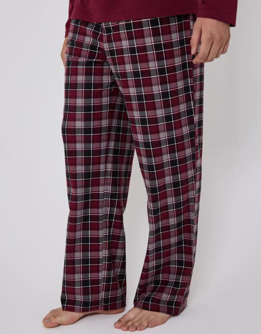 Loungeable Men's pyjamas jersey top with micro fleece check trousers set in red, 5 of 6