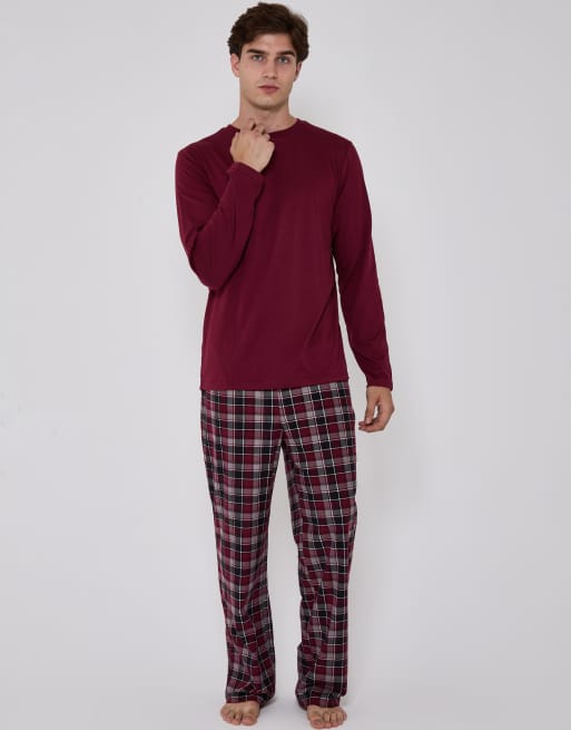 Loungeable Men's pyjamas jersey top with micro fleece check trousers set in red, 6 of 6