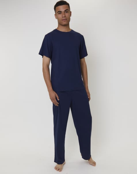 Loungeable Men's pyjamas short sleeve and trouser waffle pjyama set in navy - view 1
