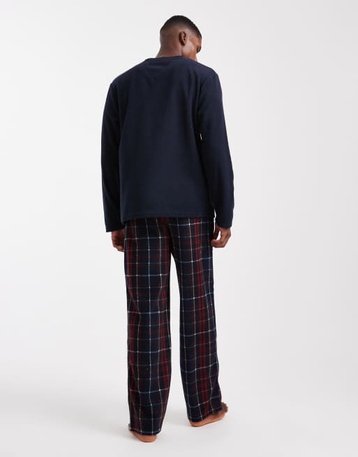Loungeable - Mens - Pyjamaset van fleece met geruite broek in marineblauw, 4 van 4