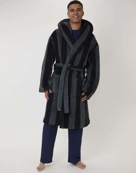 Loungeable Men's robes stripe sherpa hooded dressing gown in black - view 1