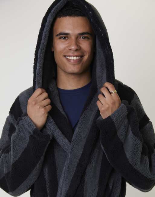 Loungeable Men's robes stripe sherpa hooded dressing gown in black | ASOS