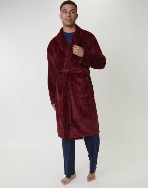 Loungeable Men's robes waffle cut fleece shawl collar robe in burgundy - view 1