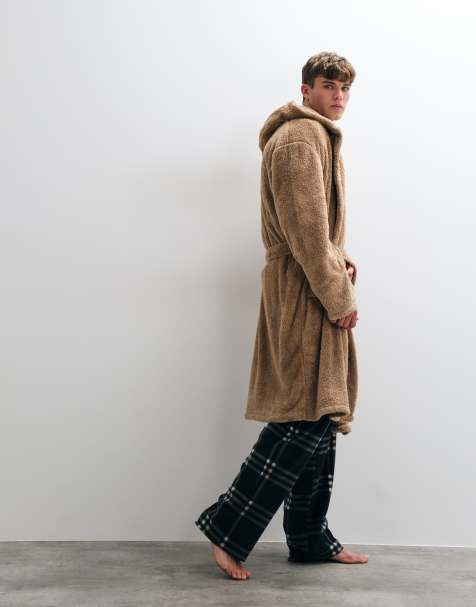Loungeable Mens sherpa hooded robe in mocha - view 1