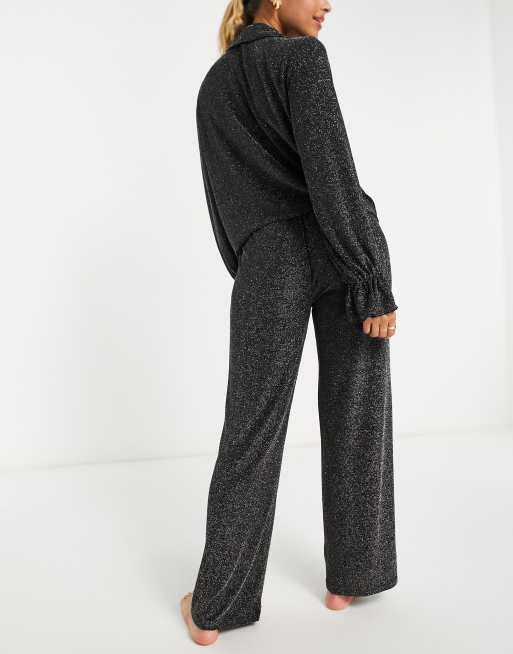Loungeable metallic knit tie front top and wide leg pants pyjama set in black and silver, 2 of 4