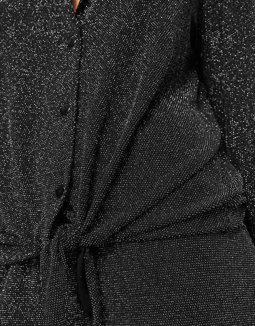 Loungeable metallic knit tie front top and wide leg pants pyjama set in black and silver, 3 of 4