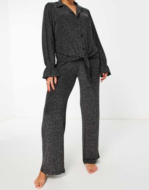 Loungeable metallic knit tie front top and wide leg pants pyjama set in black and silver, 4 of 4