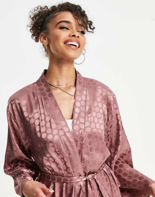 Loungeable metallic spot jacquard satin maxi kimono in cinnamon | ASOS
