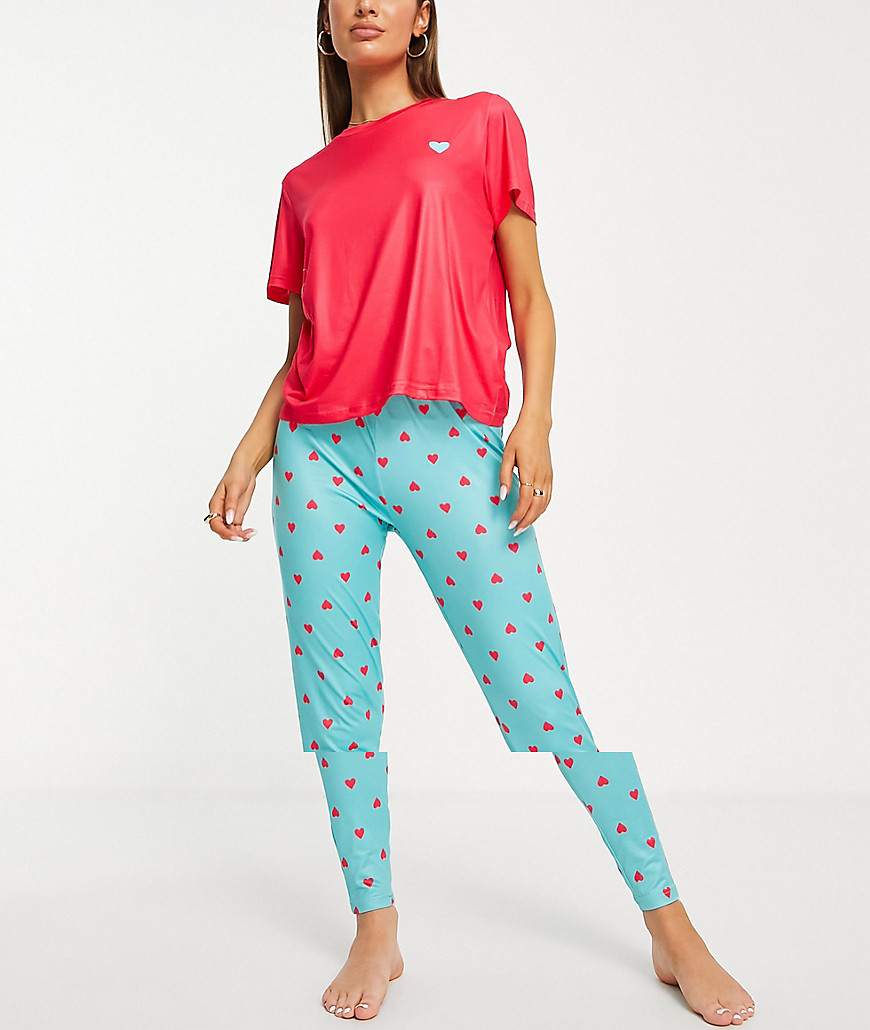 Loungeable micro heart leggings pajama set in pink and turquoise
