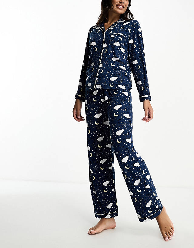 Loungeable - midnight long button through pyjama set in navy