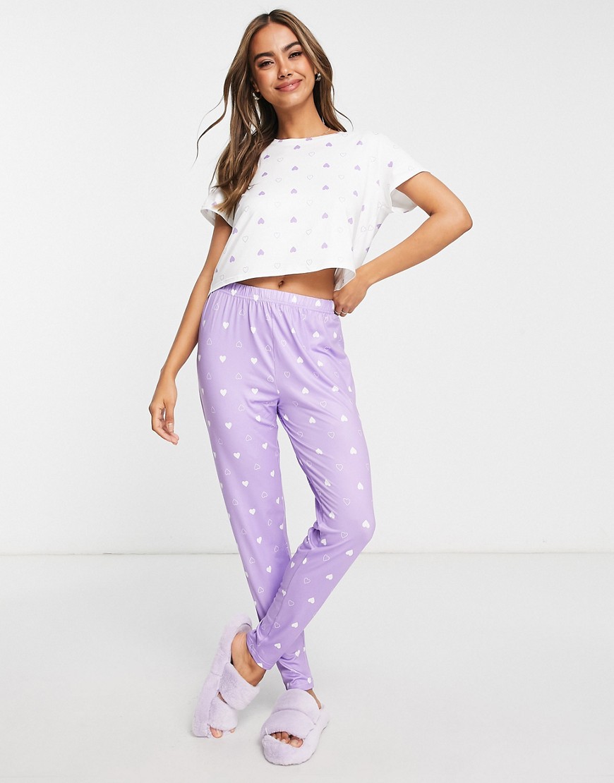 Loungeable Mini Heart Legging Pyjama Pyjama Set In Lilac And White-Purple