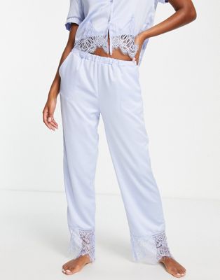 Loungeable mix and match satin and lace pyjama trousers in pale blue