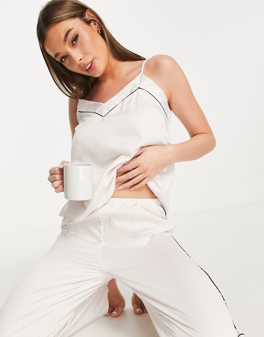 Loungeable mix and match satin pajama cami in cream with black binding-White