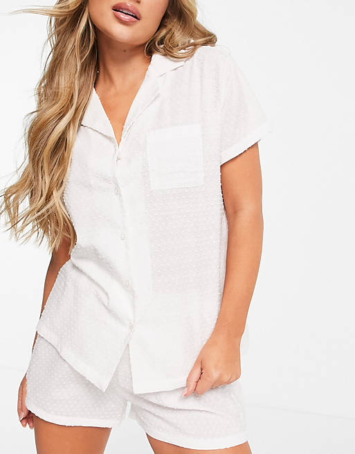 Loungeable - Mix en match - Pyjama-overhemd van dobbystof in wit