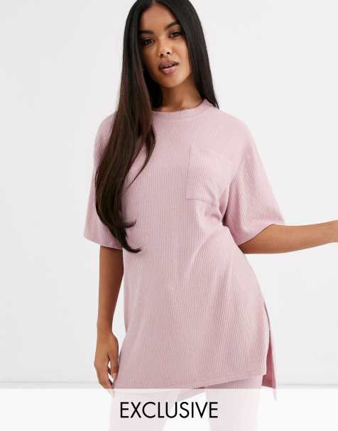 Loungeable – Mix & Match – Geripptes Oversize-T-Shirt in Rosa