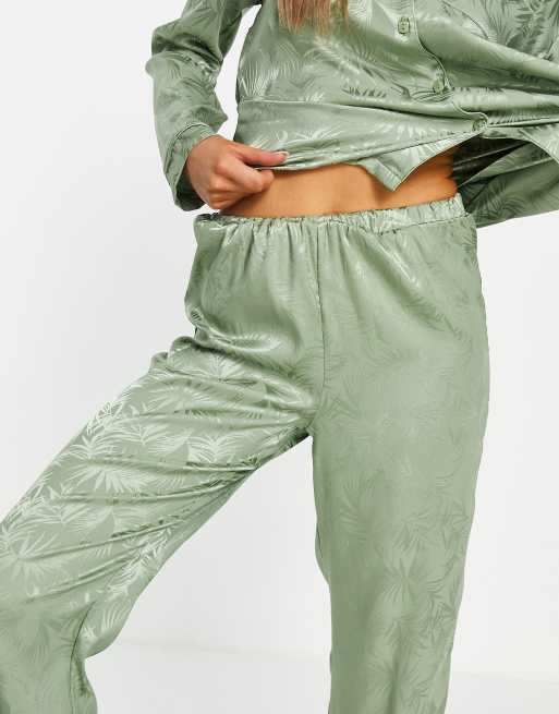 Loungeable mix & match leaf jacquard satin wide leg pants in green