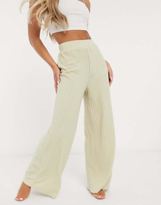 Ribbed Wide Leg Pants - Beige