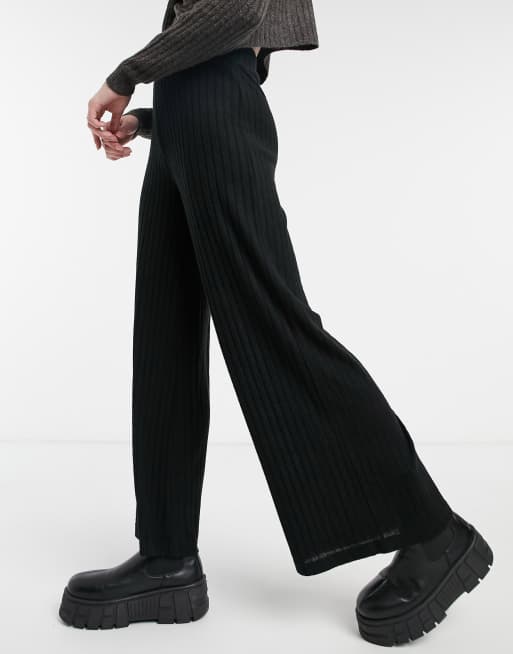 Loungeable mix & match soft knit rib wide leg trouser in black