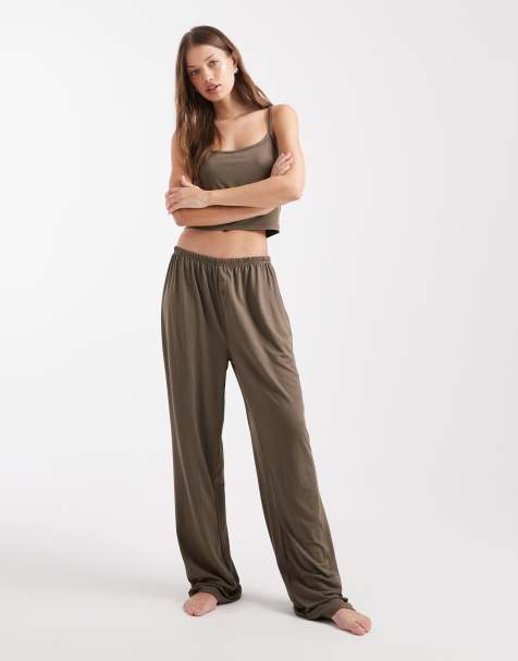 Loungeable Mix & Match super soft jersey boxer straight leg pants in dark taupe - view 1