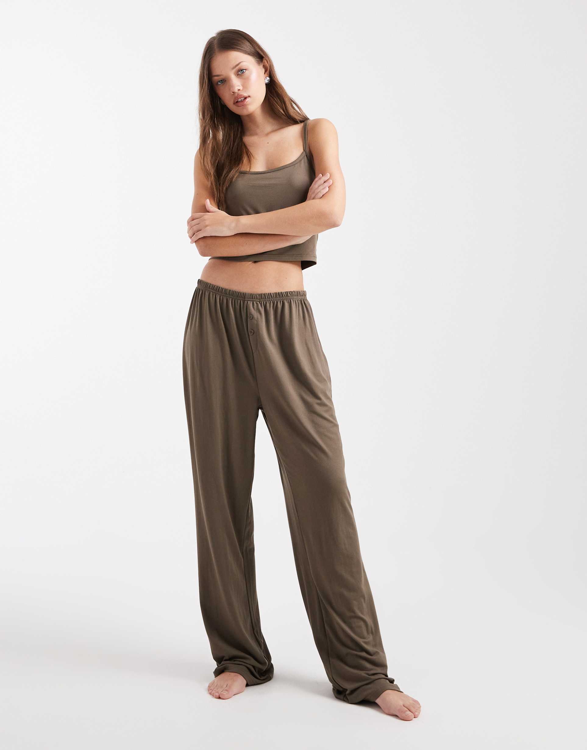 loungeable mix & match super soft jersey boxer straight leg pants in dark taupe