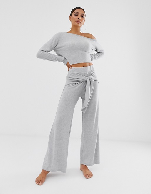 Loungeable mix & match wide leg tie front lounge trouser in grey