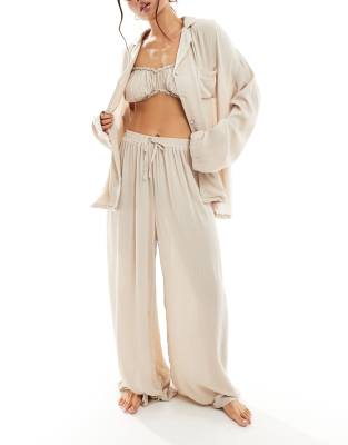 Loungeable Mix&match Crinkle Shirt And Pants Set In Neutral