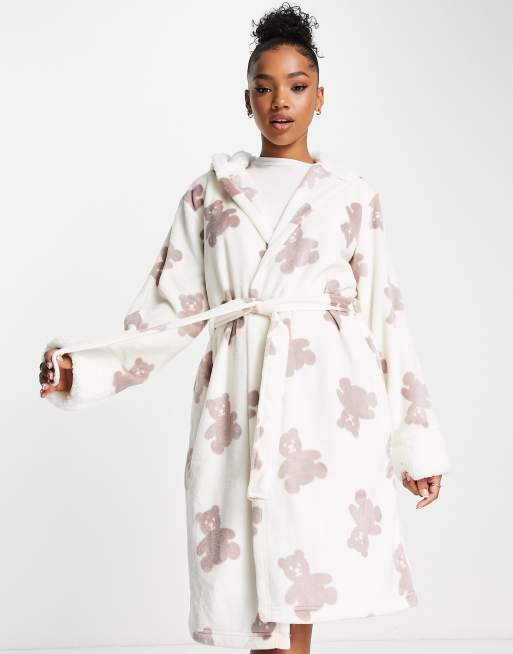 Loungeable – Morgenmantel in Creme mit Teddybären-Muster und Futter aus Sherpa-Fleece