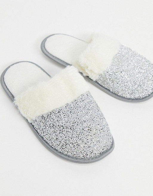 Loungeable mule slippers in silver glitter