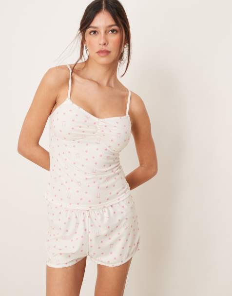 Loungeable - Nattøjssæt med longline-top med cami-stropper og vaffeltekstur og shorts med print - view 1