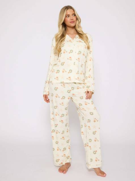 Loungeable neutral christmas button shirt and long pant pyjamas set in cream  - view 1