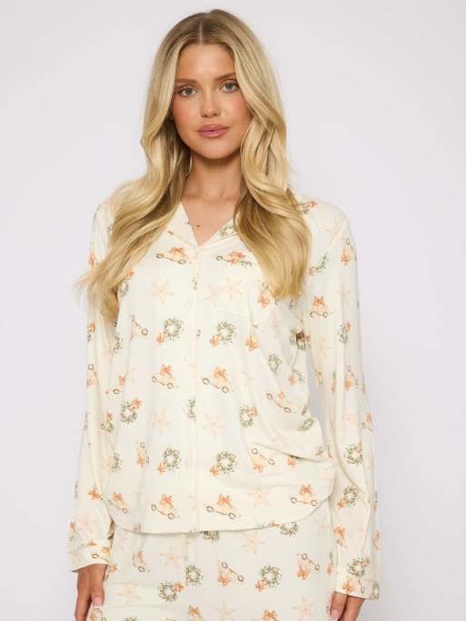 Loungeable neutral christmas button shirt and long pant pyjamas set in cream