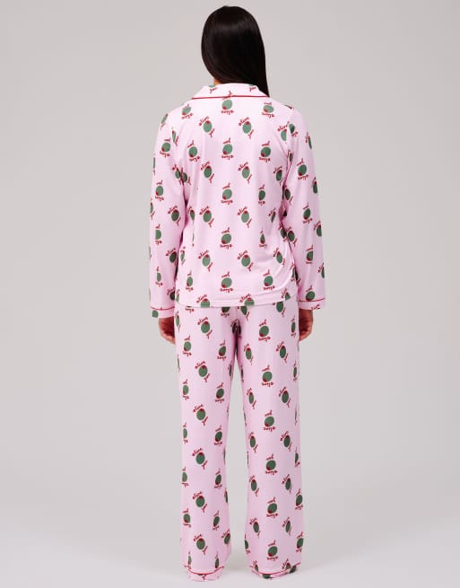 Loungeable Olive you print jersey traditional revere pyjama set in pink, 5 of 5