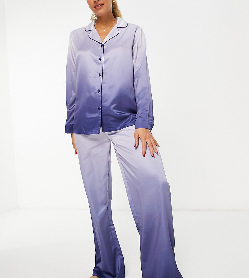Loungeable ombre satin camp collar pajama set in navy