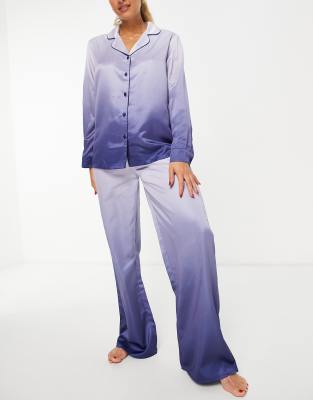 Loungeable ombre satin revere pyjama set in navy